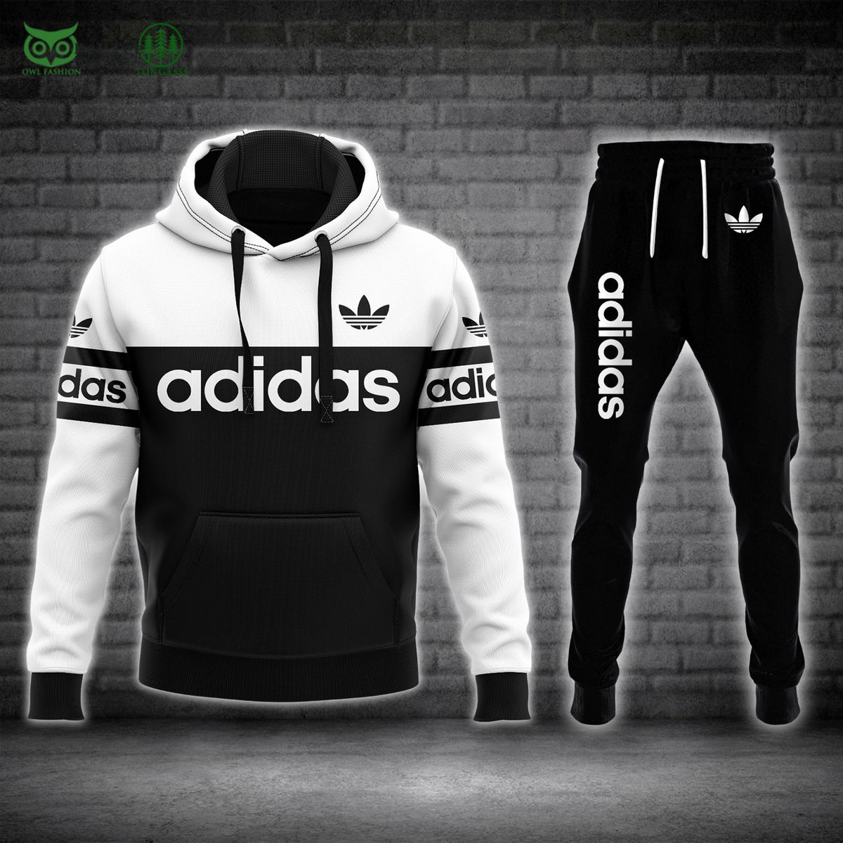 big logo name black white adidas hoodie and pants 2 KIrnj