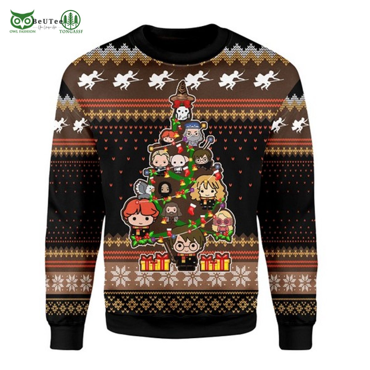 harry potter characters chibi with christmas tree christmas ugly sweater 1 nXKaR