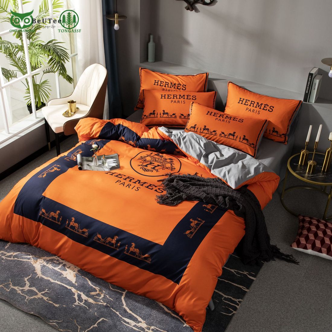 luxury hermes horse orange paris bedding set 1 YnySr