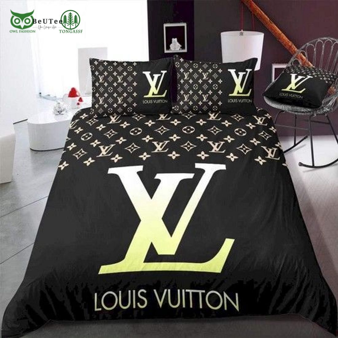 Luxury Louis Vuitton Paris Logo in Black Background Bedding Set
