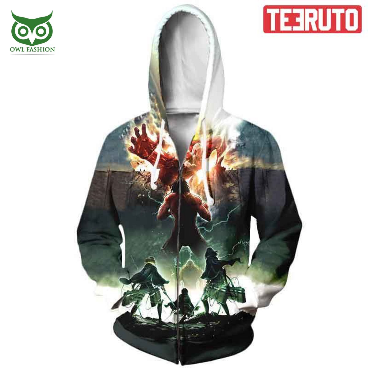 colossal titan with eren mikasa and armin attack on titan zip up 3d hoodie 1 b5I6D