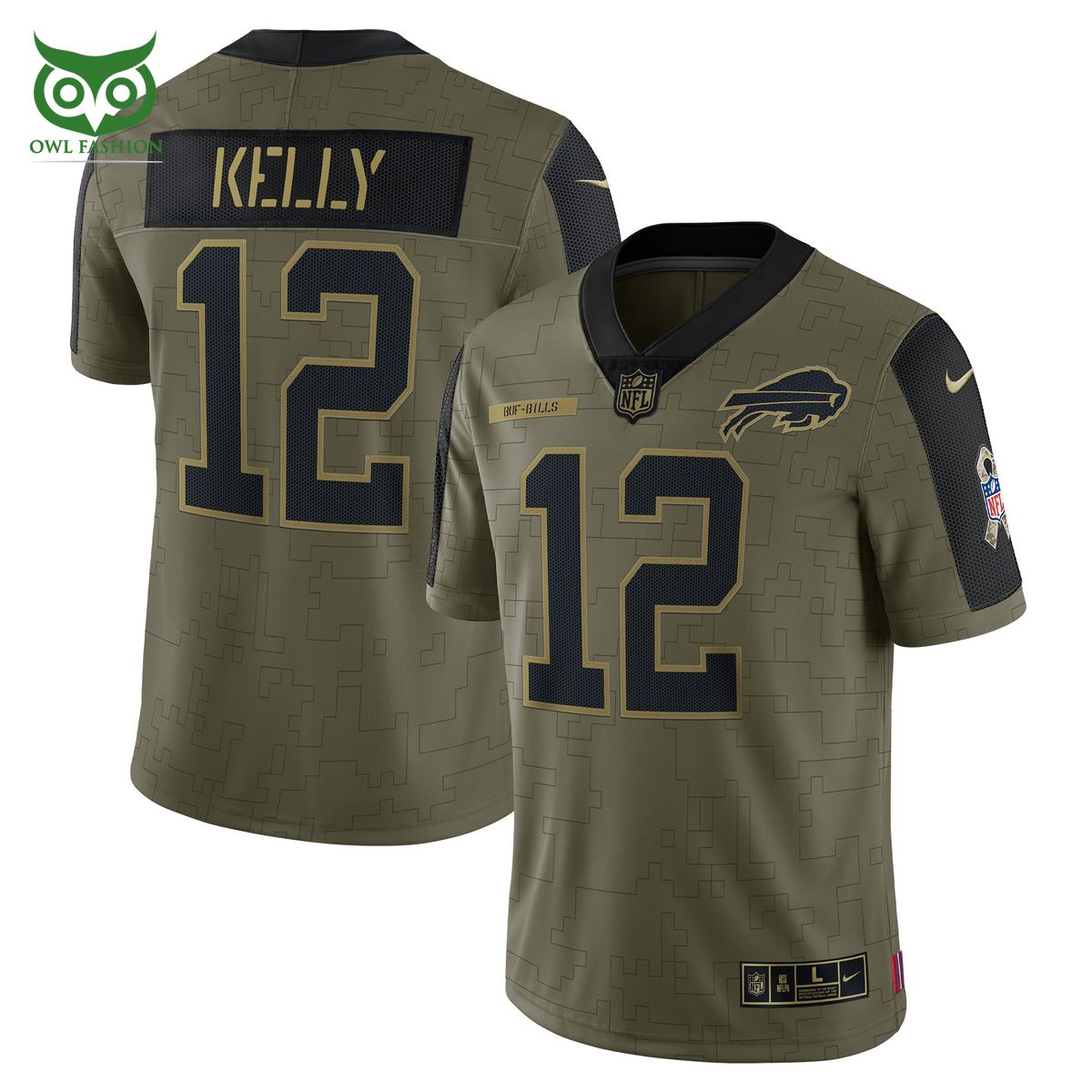 Limited Jim Kelly Buffalo Bills Nike 2021 Salute To Service Retired Player Limited Jersey Olive Shirt