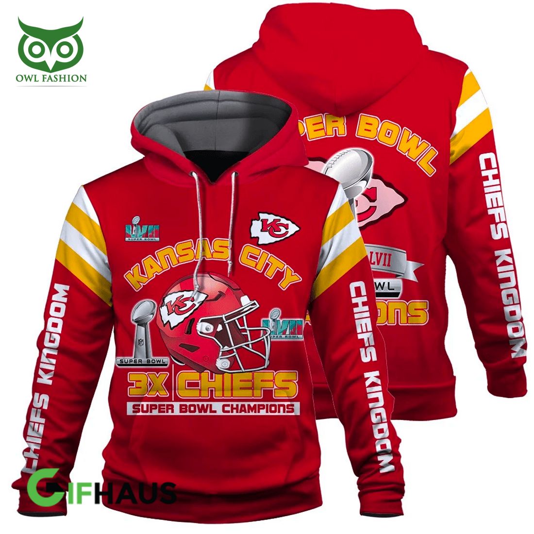 Kansas City Chiefs NFL 3X Chiefs 3D Hoodie - Owl Fashion Shop
