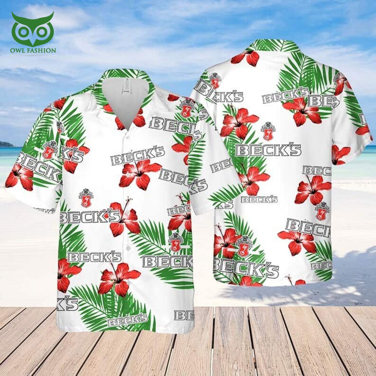 becks beer hibiscus flower and tropical palm leaves limited hawaiian shirt 1 6Gc5Y