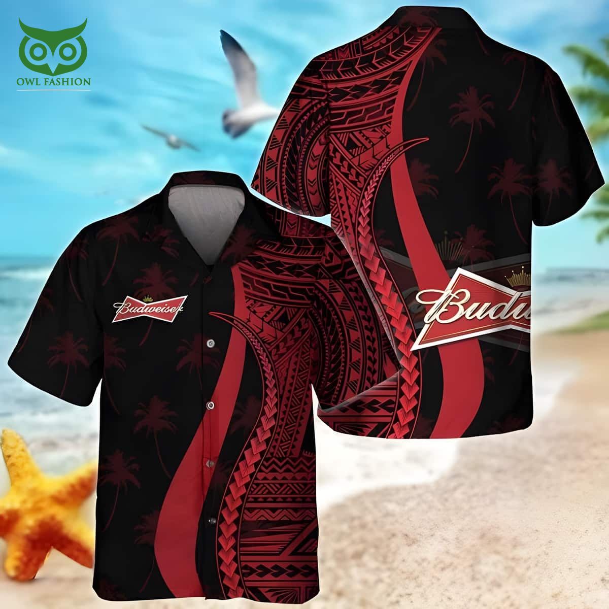 budweiser beer red polynesian tropical coconut tree pattern hawaiian shirt 1 IZkQq