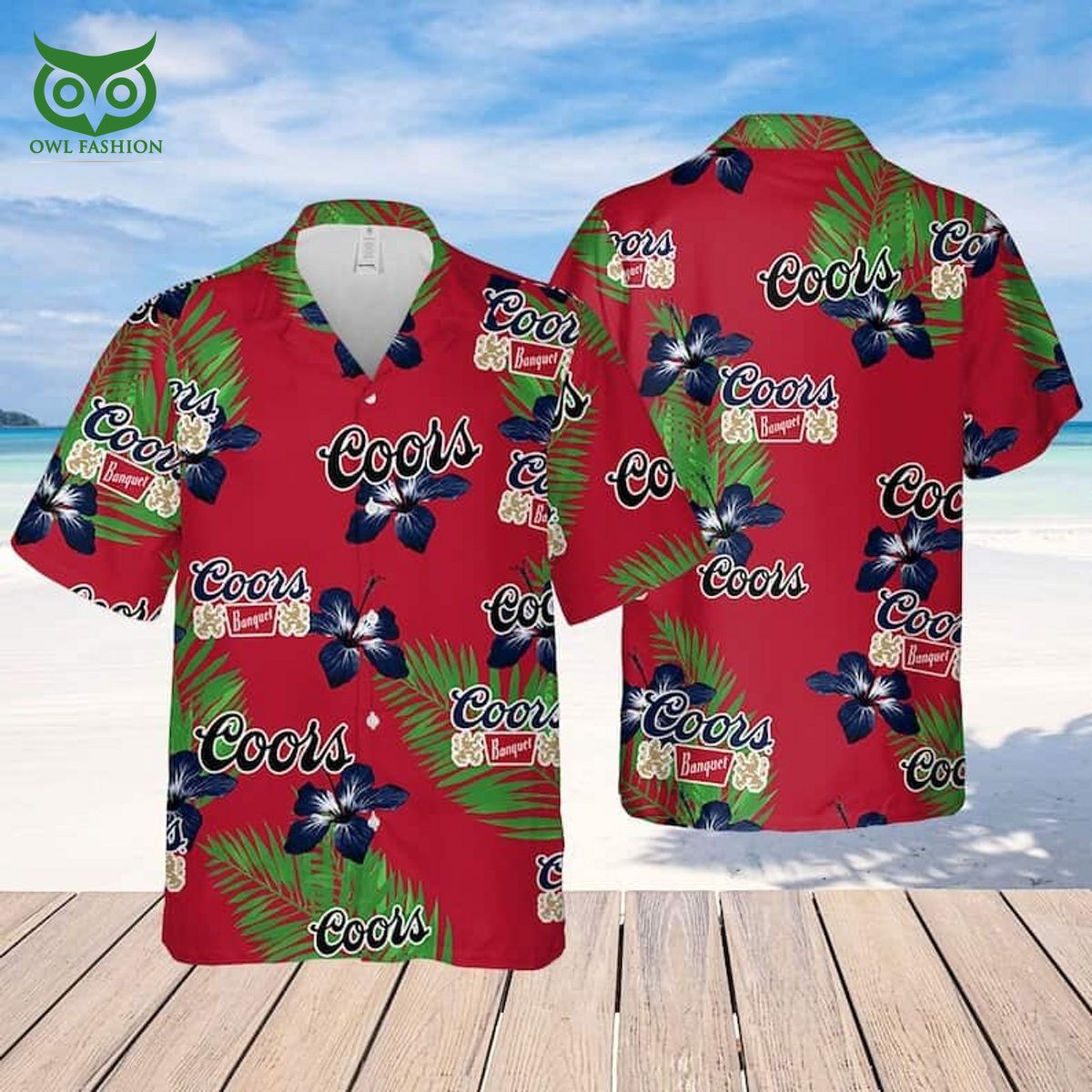 coors banquet beer hibiscus flower and palm leaves pattern limited hawaiian shirt 1 ZGd8D