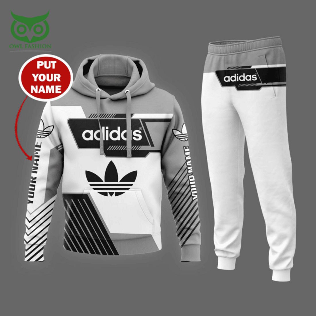 custom name adidas white gray hoodie and sweatpants 3 BT3B0