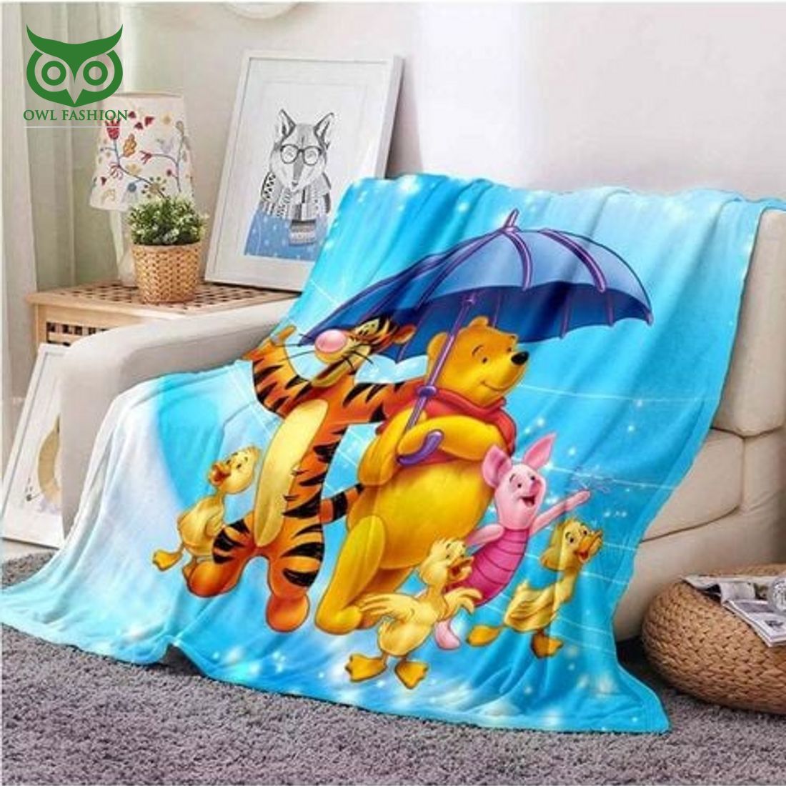 Winnie The Pooh Characters under Umbrella Fleece Blanket It is more than cute