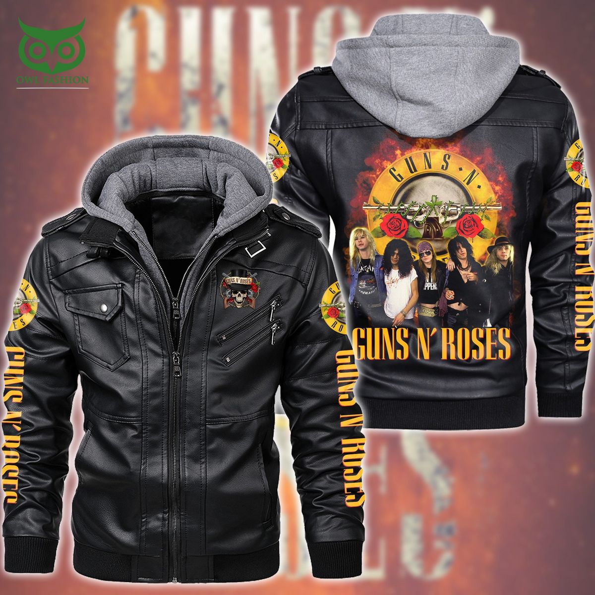 Guns N Roses Hood Black 2D Leather Jacket Royal Pic of yours