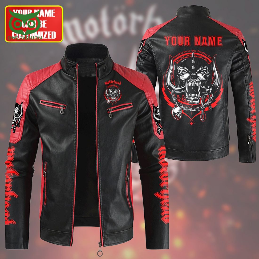 Personalized Motorhead Red Sleeves Biker Leather Jacket