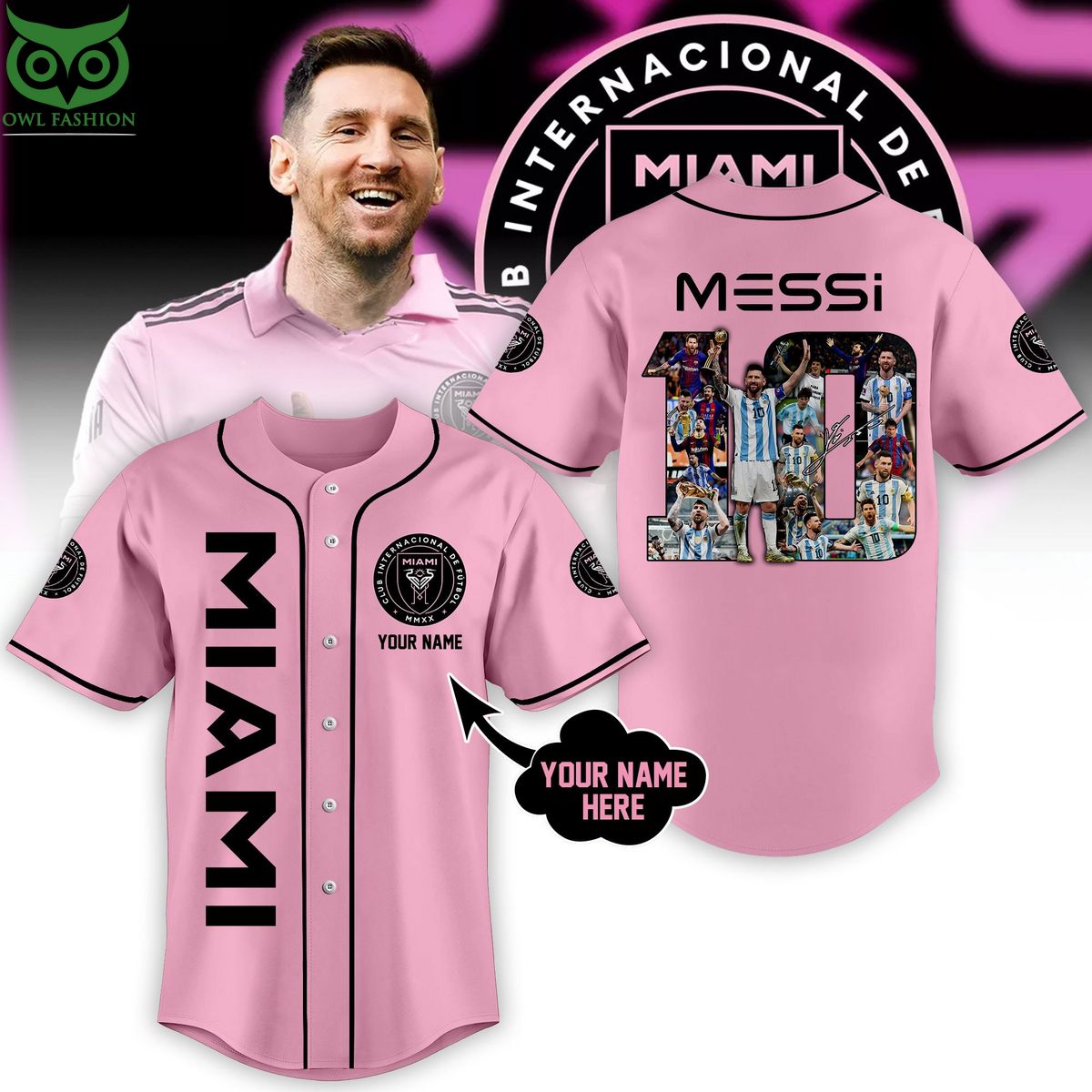Lionel Messi Pink Baseball Jersey Shirt