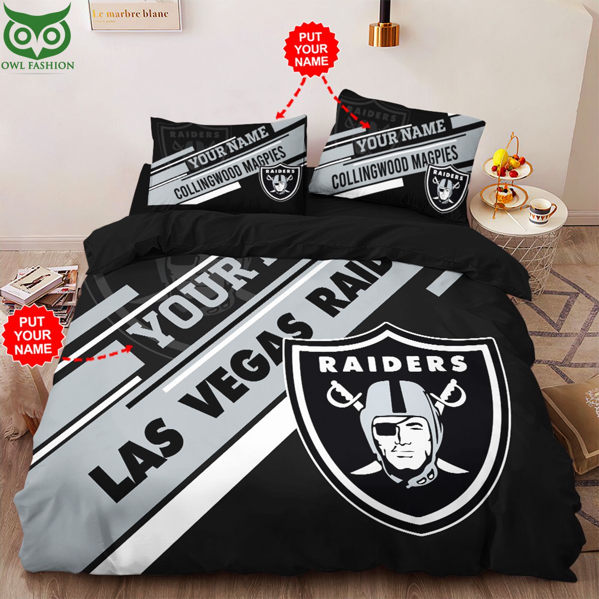 Personalized Las Vegas Raiders NFL Bedding set Such a charming picture.