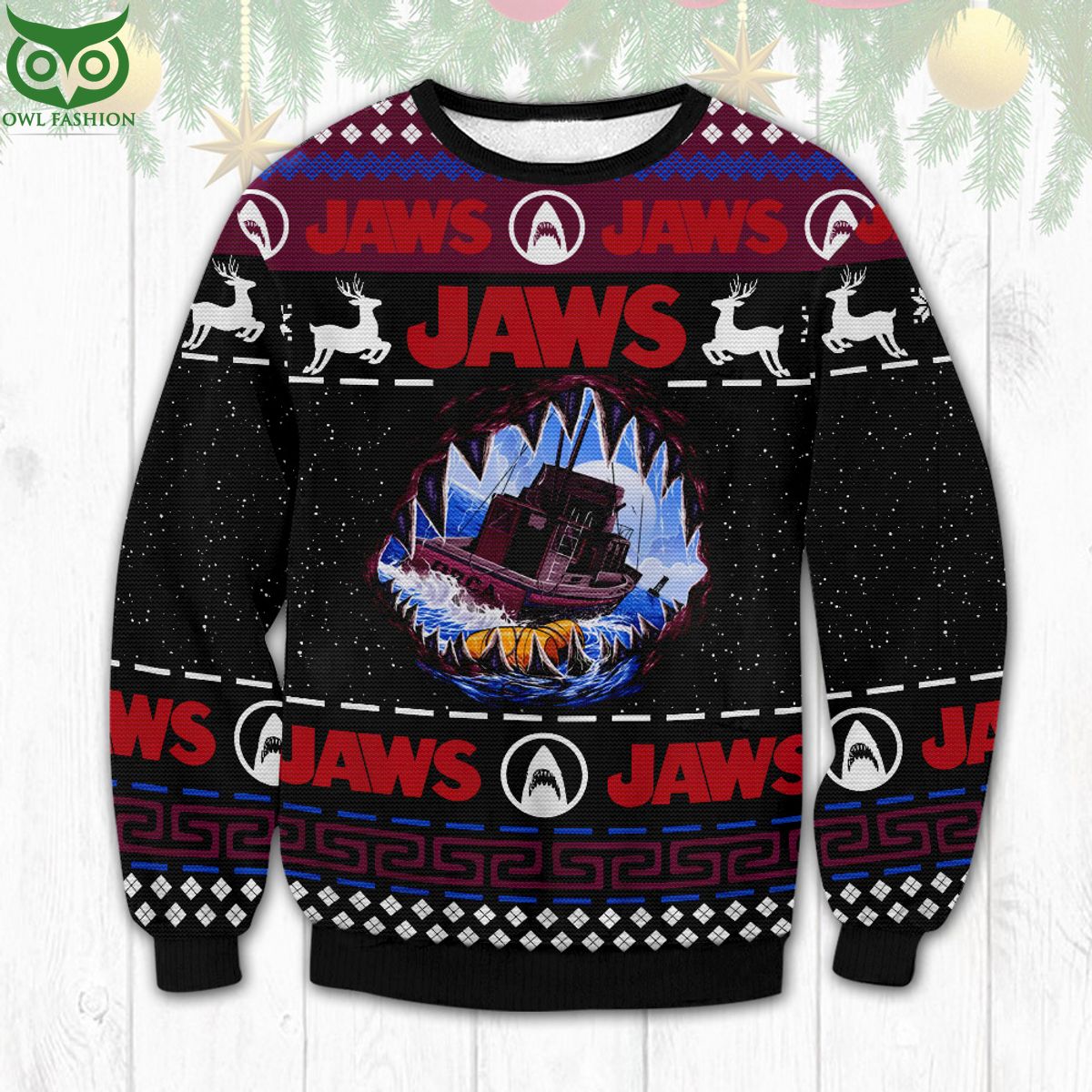 Jaws Black Boat Ugly Sweater