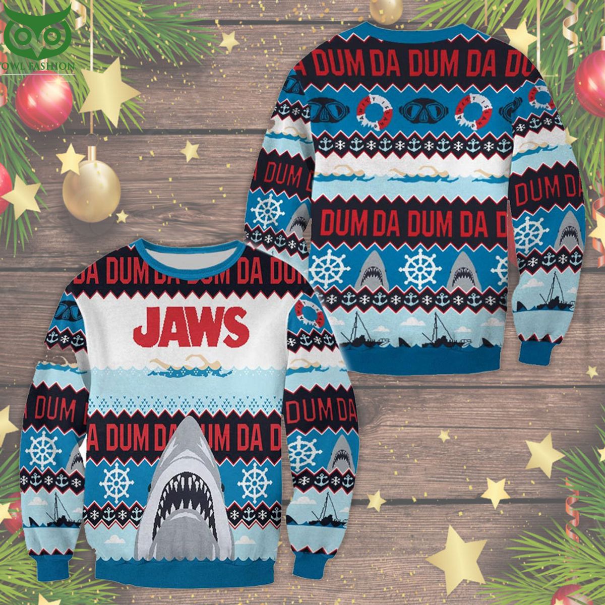 Jaws Horror Movie Pattern Ugly Christmas Sweater Good click