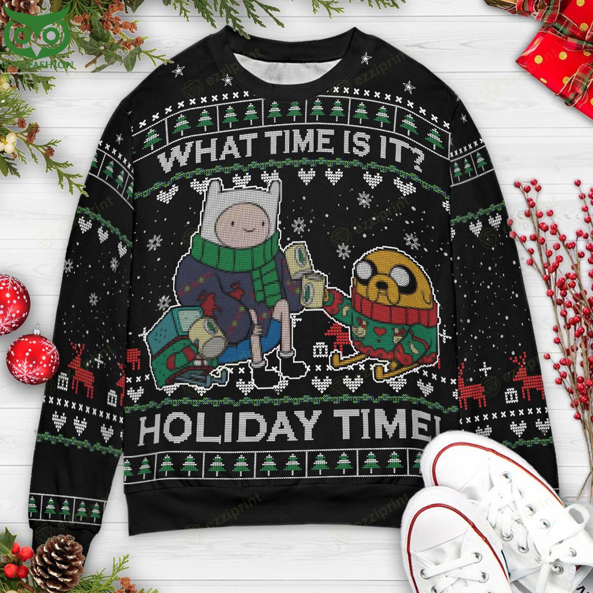 Holiday Time Jinn and Jake Adventure Time Christmas Sweater Cutting dash