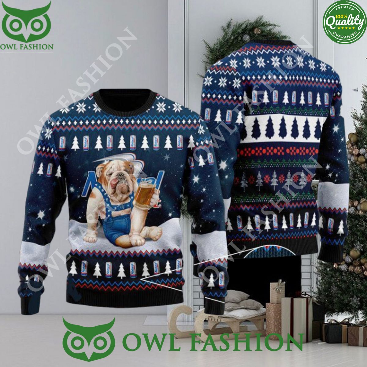 Bulldog Drink Natural Light Beer Christmas Ugly Sweater Gift Cutting dash