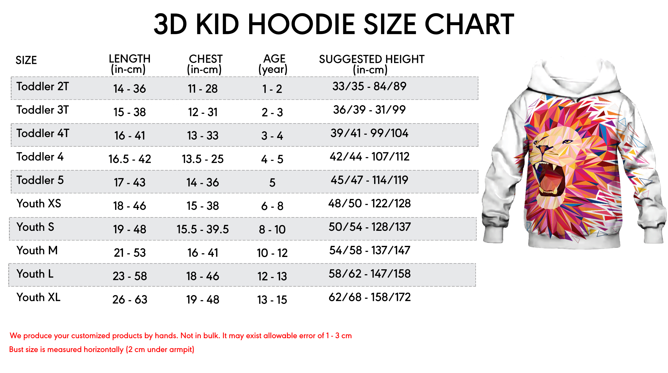 3d kid hoodie size chart