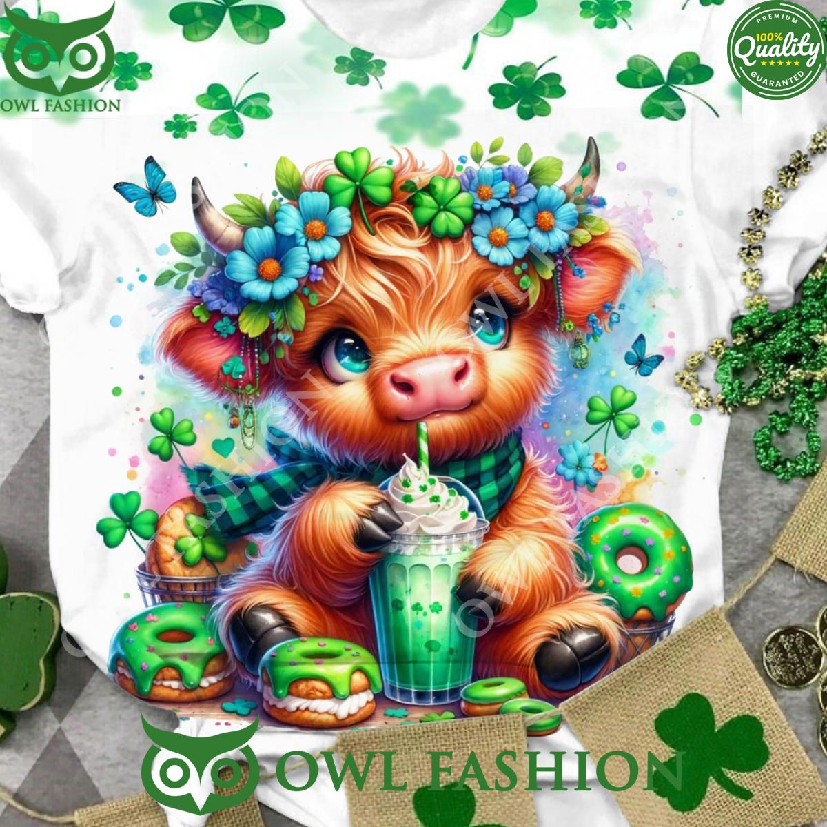 Green Floral Baby Highland Cow T shirt St Patricks Day For fan Studious look
