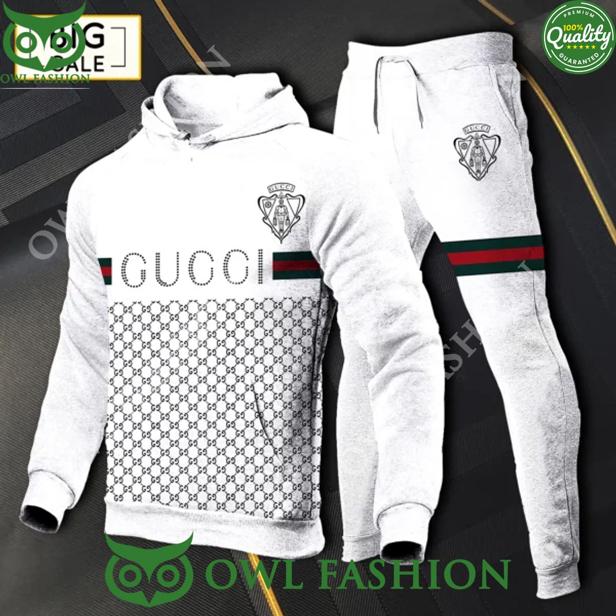 Gucci Premium White Logo Pattern Hoodie and pant Nice bread, I like it