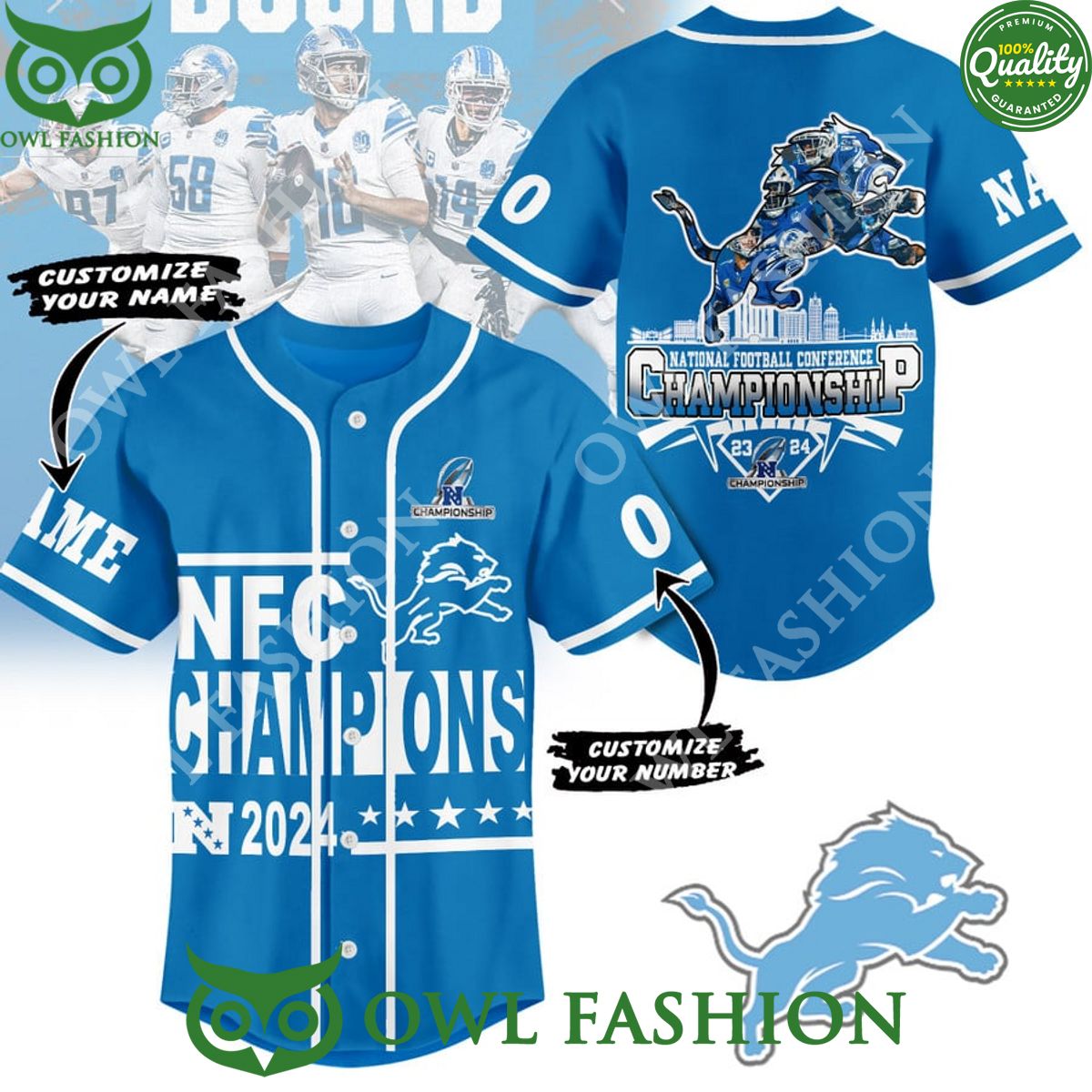 NFC Champions 2024 Detroit Lions Football Conference Custom Name Number baseball jersey