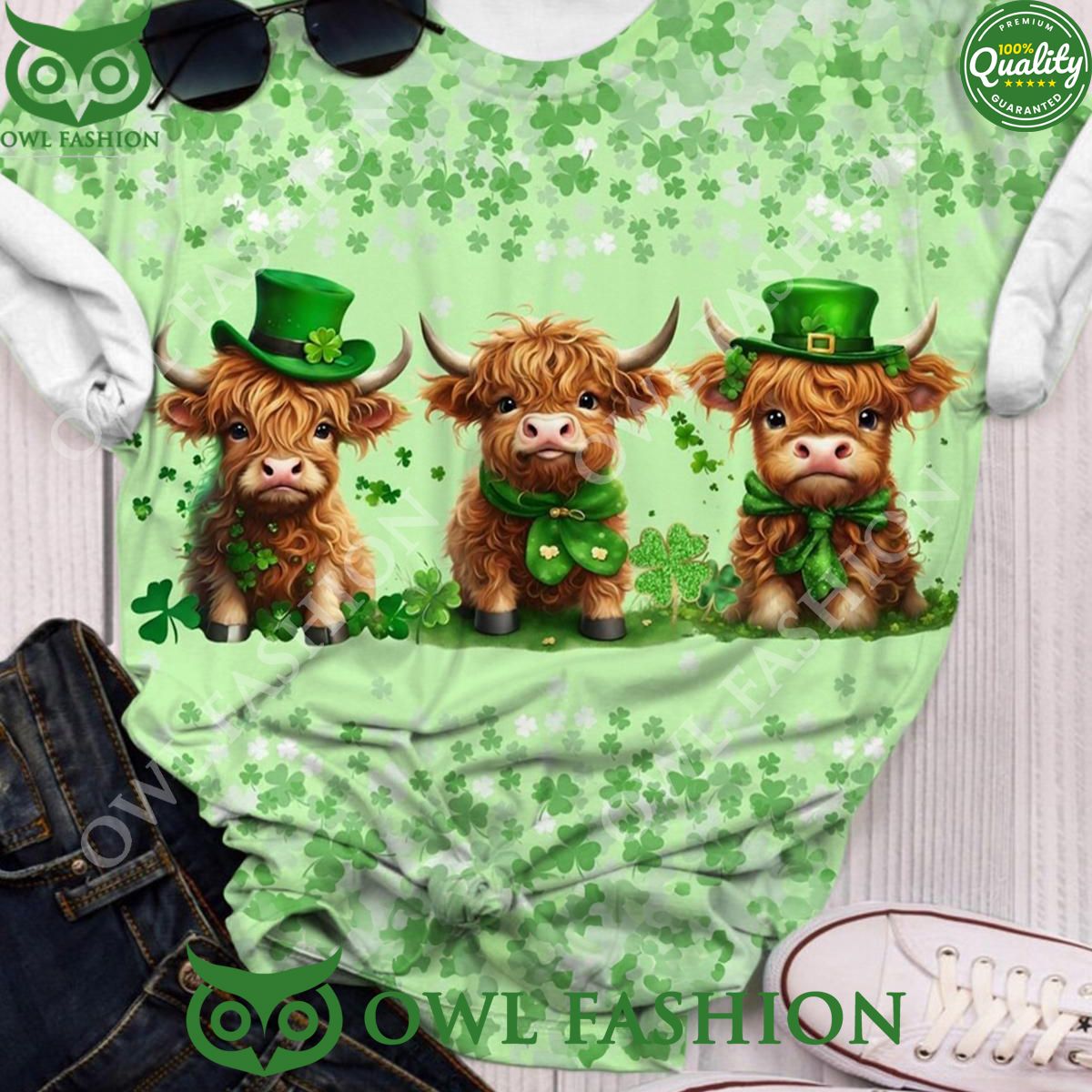 three shamrock baby highland cow st patricks t shirt 1 f8WSD.jpg