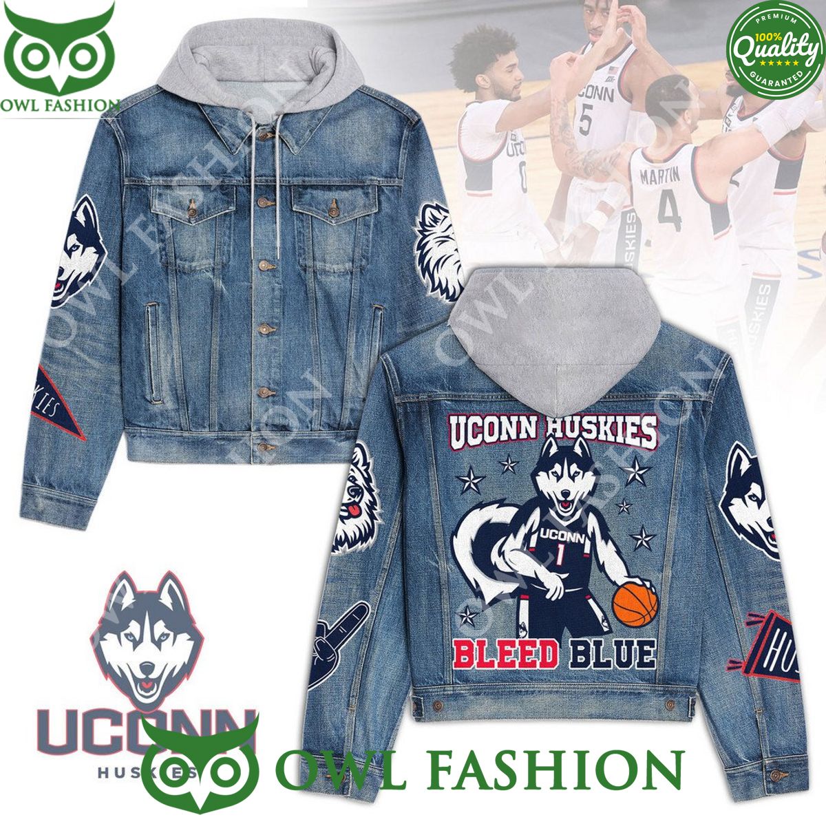 Uconn Huskies Bleed Blue Basketball NCAA 2d denim jacket hoodie Cool DP