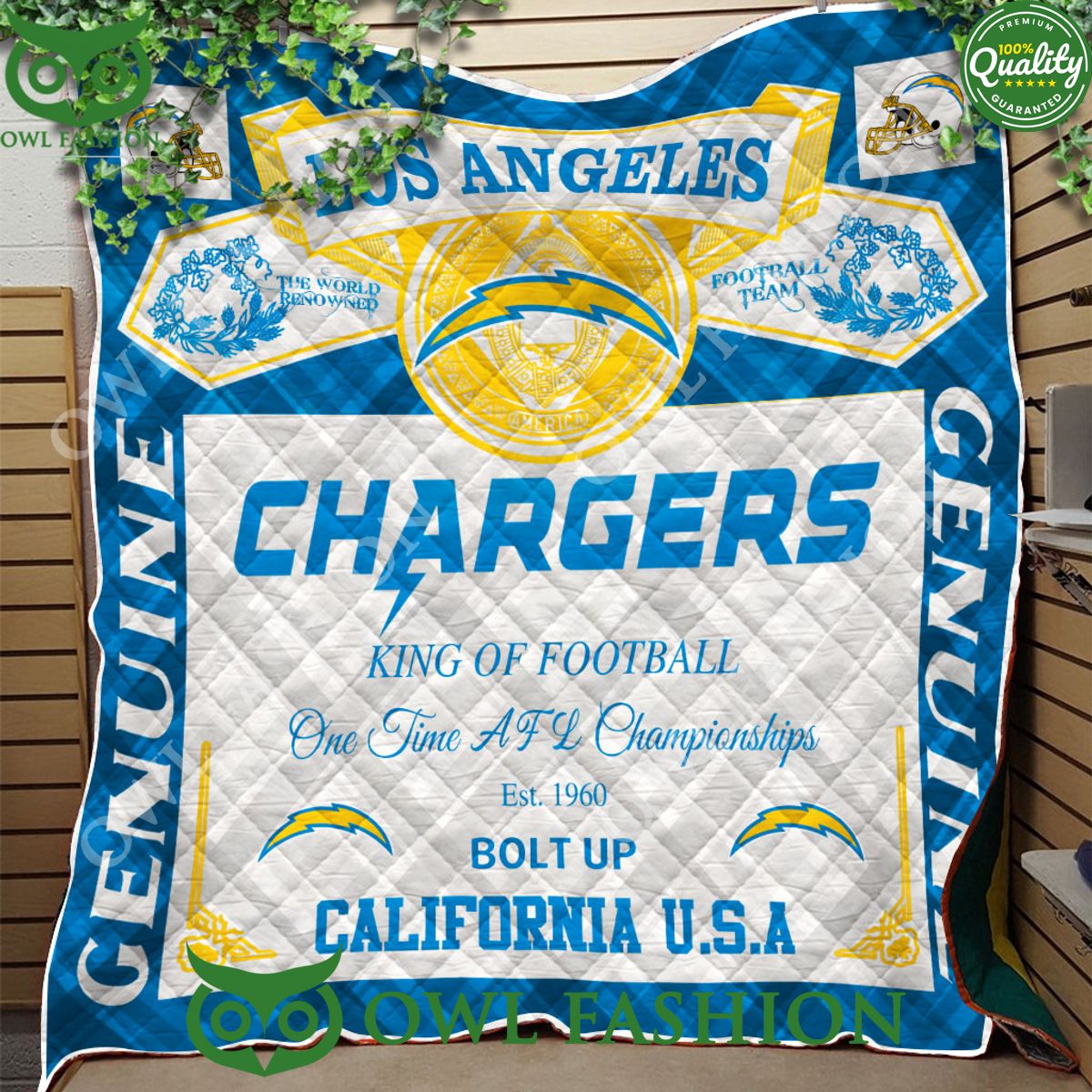 los angeles chargers bolt up california king of football 1960 quilt blanket 1 ykmMU.jpg