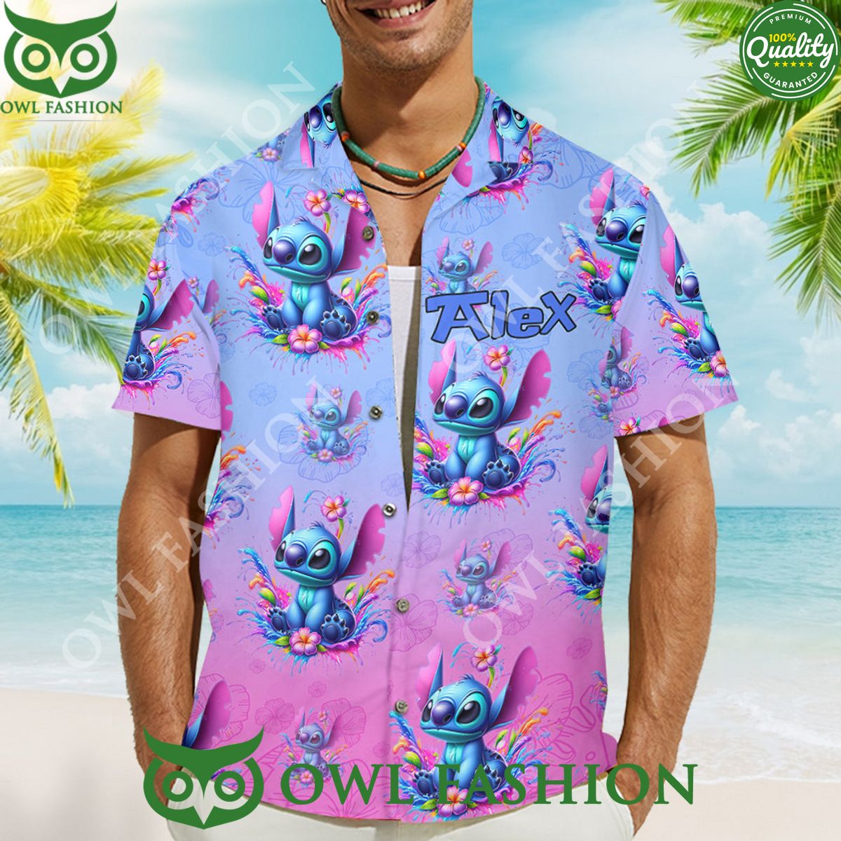 Blue Stitch say Ohana Personalized pink Hawaiian Shirt Rocking picture