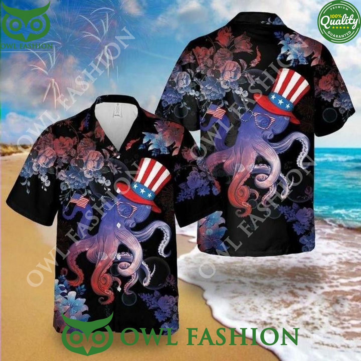 octopus celebrates 4th of july flower black hawaiian aloha shirt 1 wnhTy.jpg