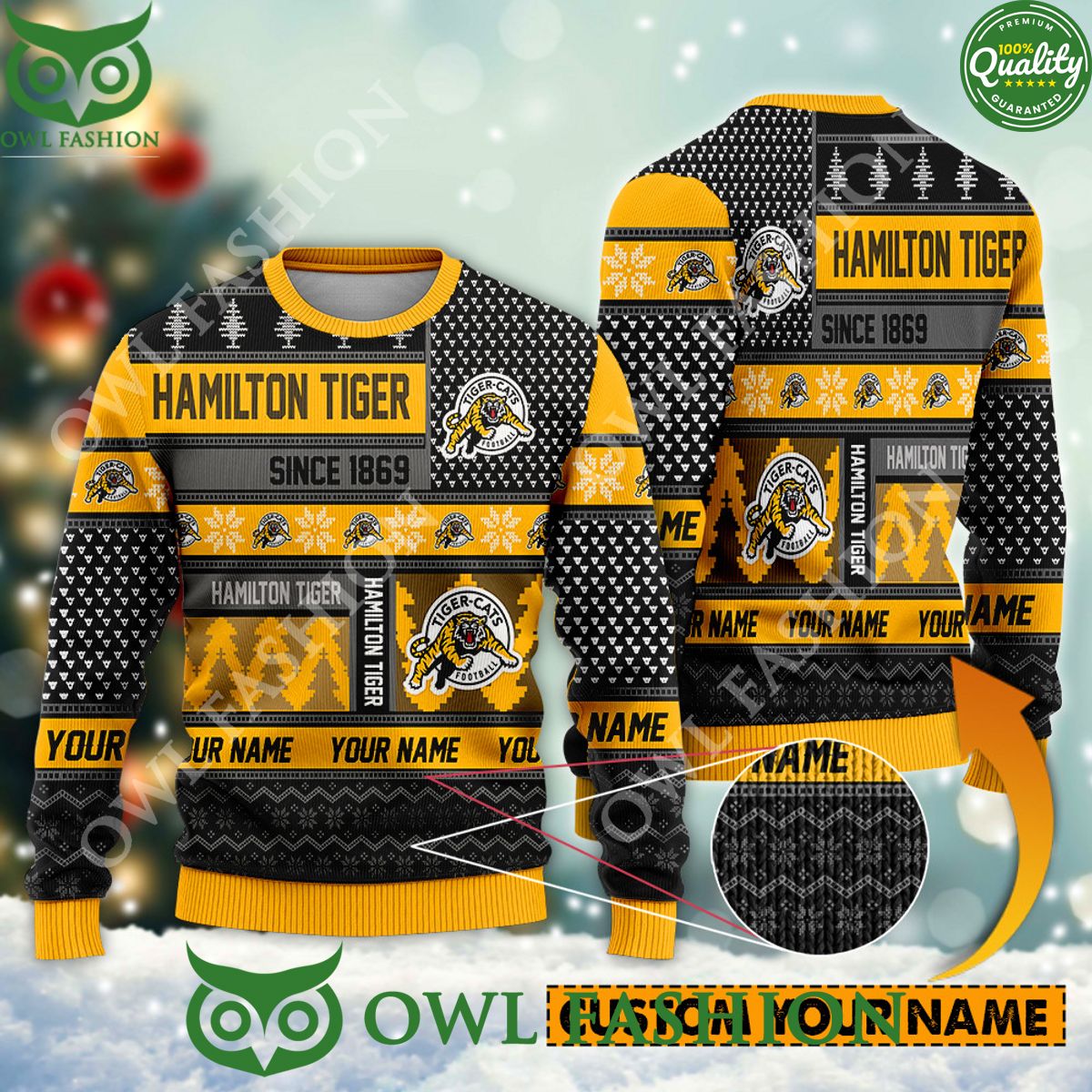 Hamilton Tiger since 1869 Custom name CFL Yellow Ugly Sweater Damn good