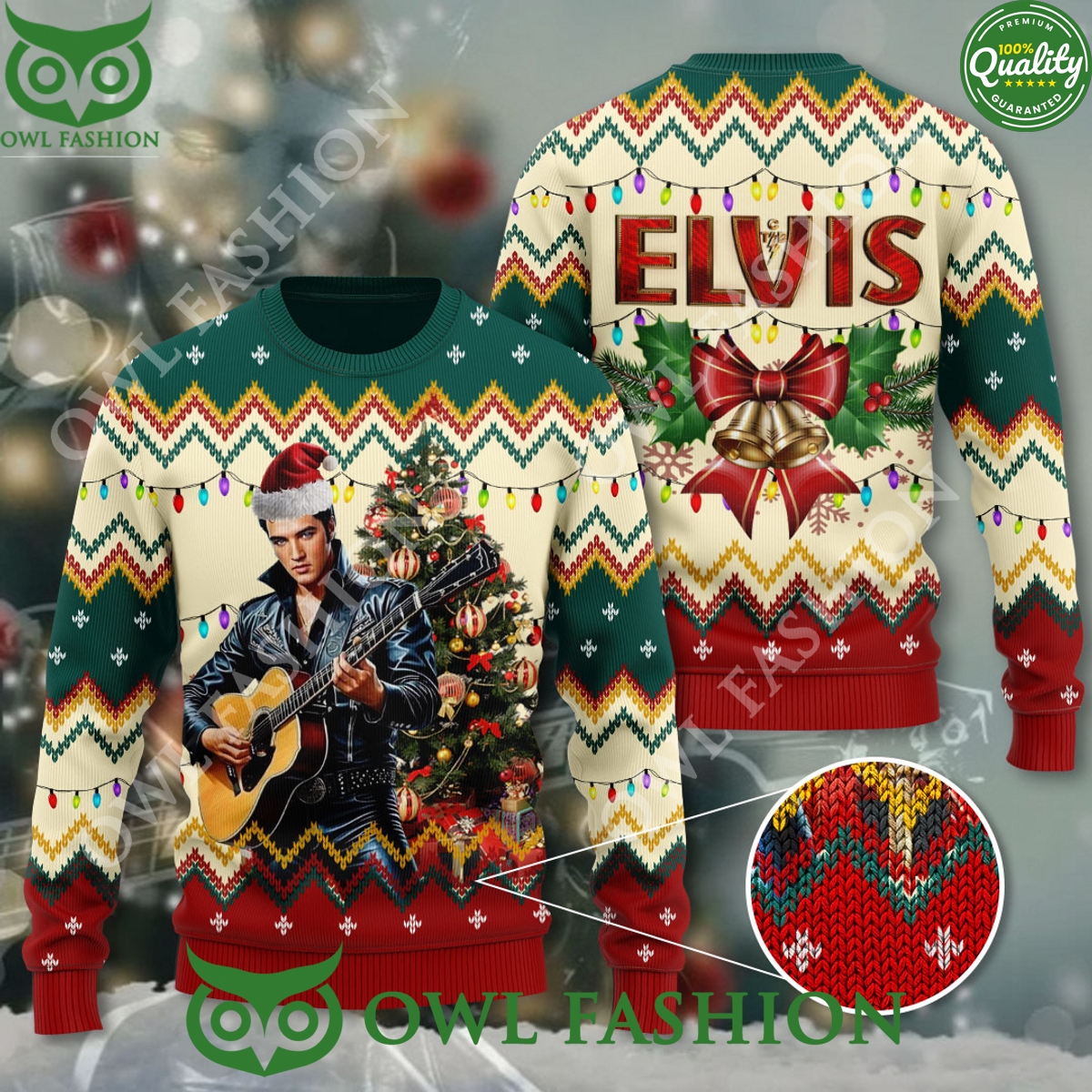 Elvis Presley Playing Guitar Christmas 3D Ugly Sweater Cool DP