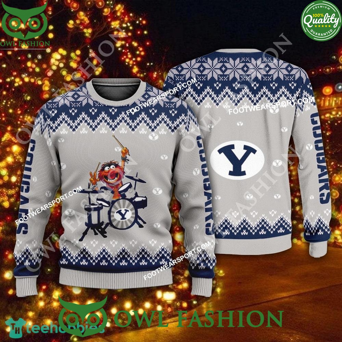 Logo Pattern Muppets Play Drums BYU Cougars Ugly Sweater Xmas Coolosm